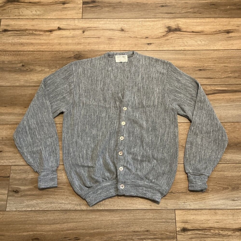 Men's VTG Jeff Links Knit Cardigan SZ LARGE Gray USA Made Button Front Grandpa